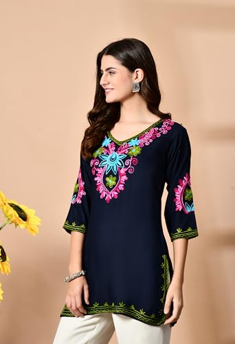 Image of LIBOZA Embroidered Kashmiri Tunic Top, Short Kurti for Women on Jeans, V-Neck, 3 /4 Sleeve, Floral Design,
