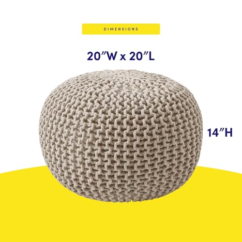 Pouf Ottoman Foot Rest Stuffed – 20” Diameter x 14” Tall Cozy Floor Pouf for Living Room, Bedroom, Nursery & More – 100% Cotton Knit Shell, EPS Bead Filled Footrest & Accent Chair, Beige