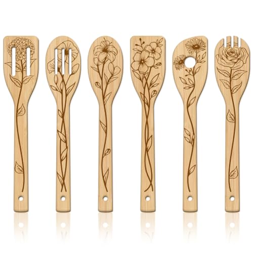 Globleland AJEW-WH0411-023-US19 6Pcs Floral Bamboo Cooking Utensils Wooden Engraved Cooking Spoons Set Carving Kitchen Bamboo Spatula Set Wood Cooking Spoon cover