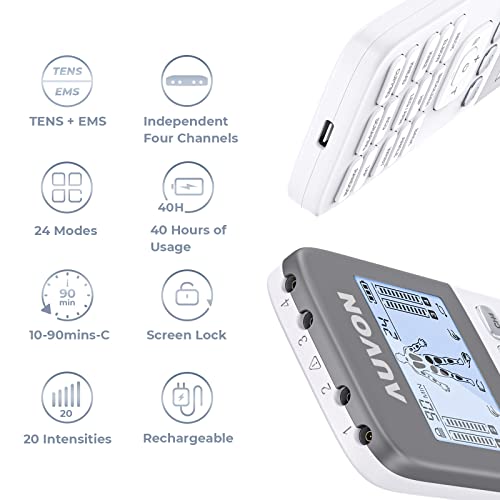 Auvon 4 Outputs H1 Tens Unit 24 Modes Muscle Stimulator For Pain Relief, Rechargeable Tens Ems Machine With Easy-To-Select Button Design, 2X Battery Life, Dust-Proof Bag And 8 Electrode Pads (Grey) #TOP5