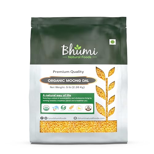 Bhumi Organic Moong Dal – Yellow Split Mung Beans – 5 lb Pack – USDA Certified, Non-GMO – Great Source of Protein - Indian Lentils