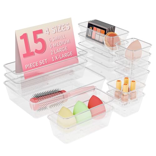 Lulltou 15 PCS Clear Plastic Drawer Organizer Set, 4 Sizes