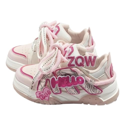 ZQW Women's Pink Heart Platform Shoes Aesthetic Comfortable Chunky Lace