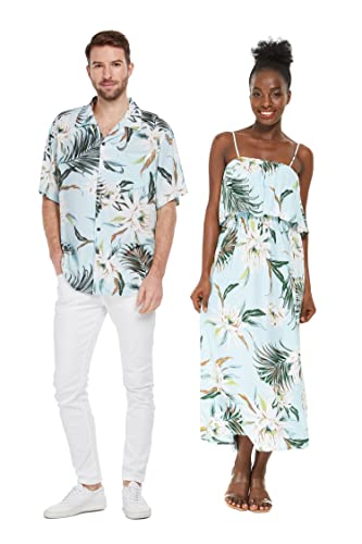 Matchable Couple Hawaiian Luau Shirt or Maxi Ruffle Dress in Wispy Cereus Light Blue