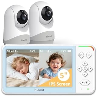 Blemil 5" Split Screen Video Baby Monitor with 2 Cameras and Audio, 4000mAh Battery, No WiFi, No APP, Remote Pan/Tilt/Zoom Camera, 2-Way Talk, Night Vision, 1000ft Range, Temperature