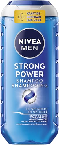 NIVEA MEN Shampoo Strong Power (250 ml), shampoo rinforzante per uomini con minerali marini, shampoo per capelli contro i capelli senza potenza.