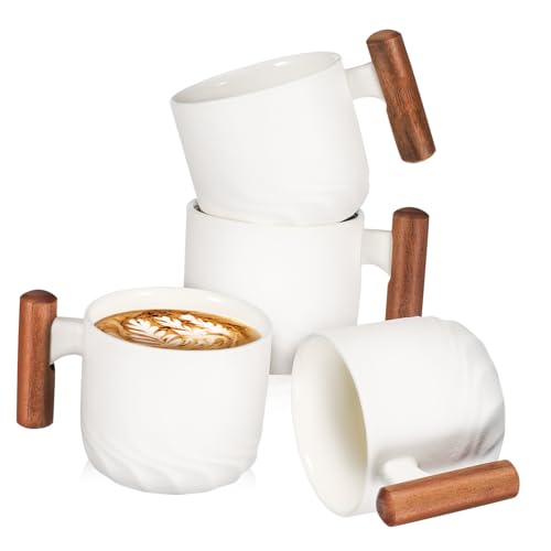 IMIKEYA 4pièces Tasses Espresso Céramique Blanche Avec Poignées Bois Mini Mugs à Boisson Pour Thé Café Et Eau Set Au Style Minimaliste Pour Usage Familial