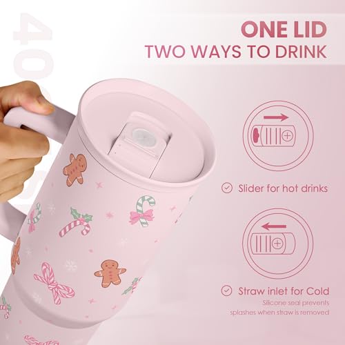 Image of SANDJEST Christmas Theme 40oz Slider Tumbler with Handle and Straw - Insulated Stainless Steel Travel Coffee Mug for Women Girls, Gift for Birthday Xmas