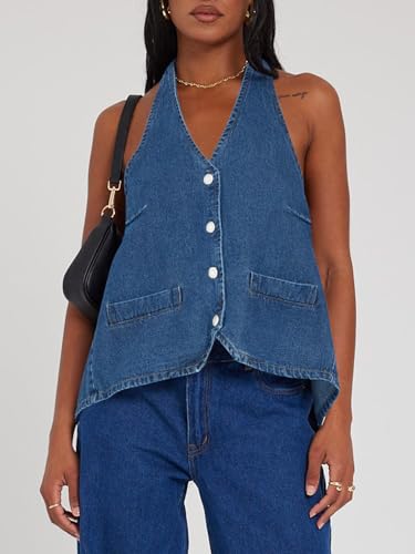 Tankaneo Womens Halter Denim Vest Tops Summer Open Back Y2K Going Out Tank Tops V Neck Button Down Jean Shirts3
