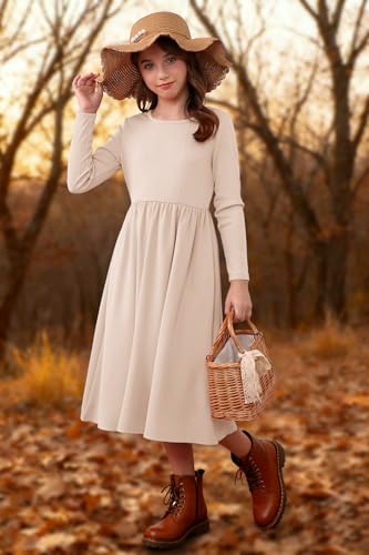 YOVION Girls Long Sleeve Dress Knit Patchwork A-Line Fall Winter Casual Midi Dresses with Pockets for 6-12 Y — view 5