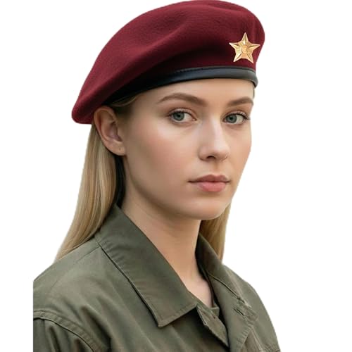 Sivi Gorra tradicional estilo militar con insignia de estrella de metal, inspirada en el Che Guevara, boina francesa de lana para hombres y mujeres, Granate, talla única-M