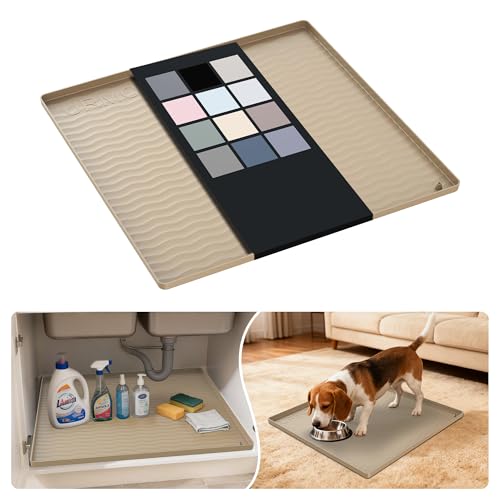 Image of URMONA Waterproof Silicone Under Sink Mat 19'' x 19'' Shelf Liner for Kitchen and Bathroom, Cabinet and Counter Protector, Storage and Organizers, Litter Mat, Pet Cat Puppy Essentials(Khaki)
