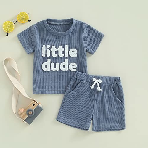M9ppzzur7 Toddler Boys Short Set Letter Print Tops + Elastic Short Set Outfits Infant Summer Clothes (Blue, 12-18 Months) - Image 2