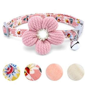 Dog Collar with Cotton Flower，Adjustable Puppy Collar for Small Girl Dog，Cute Dog Collar with Bell and Blingbling Decoration for Travel and Wedding, Pink