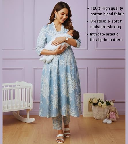 Image of DUMMY SHAPE Maternity Dresses for Women Cotton Blend | Floral Kurta Pant Dupatta Set with Nursing Zippers to Pre & Post Partum | Feeding Kurtis | Mom to Be Gifts for Pregnant Woman