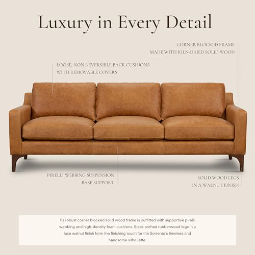 Image of POLY & BARK Sorrento 86 inch Sofa - Cognac Tan Full-Grain Pure-Aniline Italian Leather, Feather-Down Cushions, Solid Wood Frame & Walnut Legs