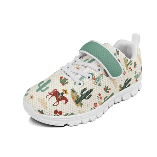 Little Kid Shoes Boys Girls Sneakers Tennis Running Lightweight Breathable Shoes Cactus Cowboy Horse Pattern（White Sole）