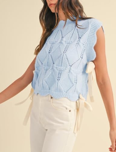 Image of Women Side Tie Sweater Vest Scallop Trim Mock Neck Knit Vest Bow Lace Up Ribbon Sweater Tank Top Knitwear