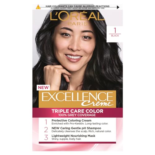 L'Oréal Paris, Permanent Hair Dye, Strengthening & With Up To 100% Grey Coverage, Excellence, Black 1.0