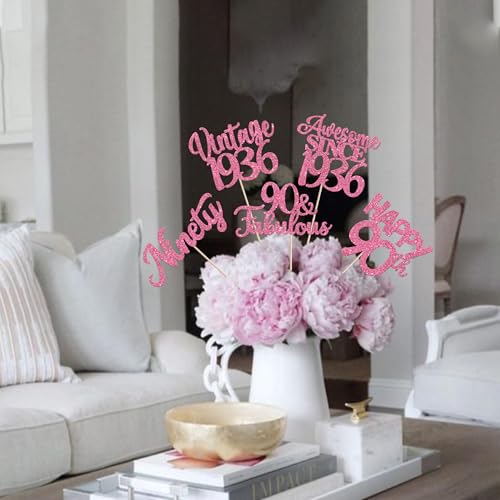 Image of 15 PCS 90th Birthday Centerpiece Sticks Ninety Happy 90 Vintage 1936 Table Flower Centerpieces Sticks Cheers to 90 Fabulous Floral Decorations for 90th Birthday Party Supplies Pink