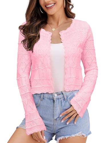 Image of FAIRY SEASON Women's Cropped Cardigan Sweater, Openwork Hollow Knit Shrug | Bell Sleeve, Versatile Outerwear to Match Dresses for Daily Outings, Dinner Dates and Casual Evening Occasions