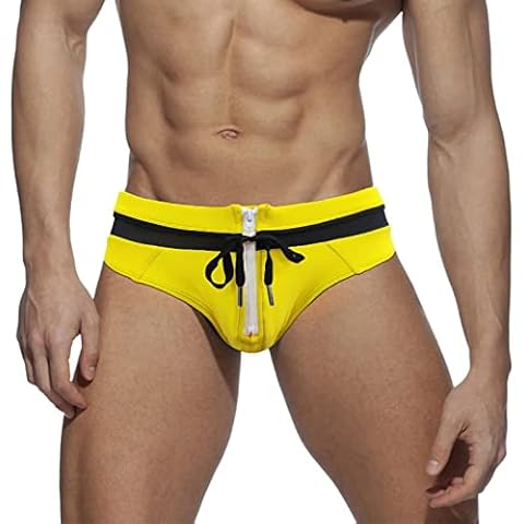 Yasalu Mens Swimwear Swim Briefs Bikini Chic Front Zipper Open Triangle Comfort Board Surf Shorts Boxer Trunks Swimsuits Yellow, XX-Large Cover