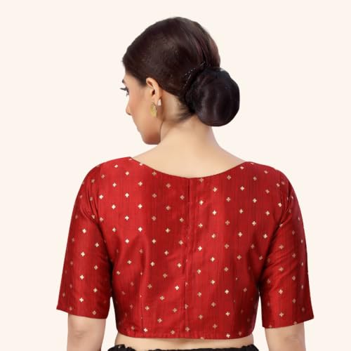 Image of Studio Shringaar Women Cotton Silk Silky Brocade Readymade Elbow Length Sleeves Saree Blouse Choli