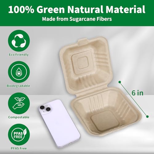 image for Aricsen Compostable 50 Pack 6x6 Inch Disposable Square Small Lunch Box