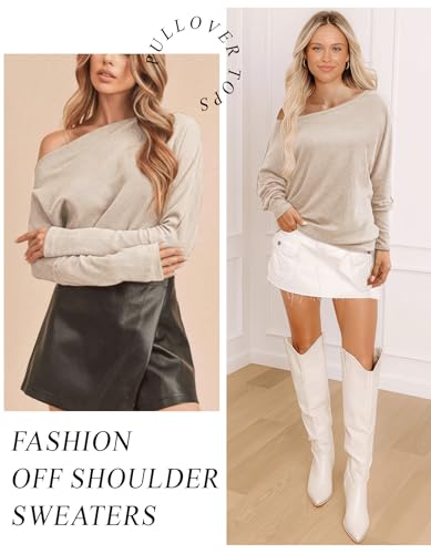 Image of Aifer Women's Off The Shoulder Tops Sexy Long Sleeve Shirts Oversized Fashion Casual Batwing Sweaters Pullover Tunic Tops