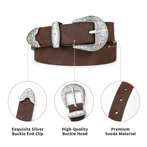 Brown Suede Western Belt for Women Trendy Cowboy Belt with Silver Buckle Fashionable Retro Waist Belt for Jeans4