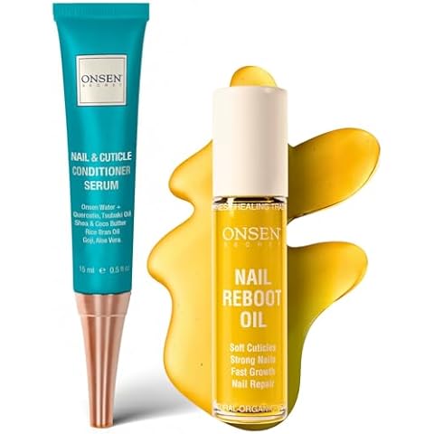 Onsen Secret Nail Reboot Duo - Treatment for Damaged Nails - Natural Nail Care & Cuticle Repair - Visible Results For Perfect Nails, Cuticle Conditioner Cream 15ml & Nail Reboot Oil 10ml Cover