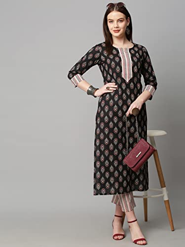 Image of ANNI DESIGNER Women's Cotton Blend Printed Straight Kurta With Pant