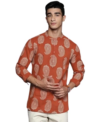 Image of DEELMO Men's Cotton Blend Printed Long Sleeve Short Kurta | Stylish Casual & Ethnic Wear | Comfortable Mandarin Collar Kurta for Daily, Festive & Party Outfits