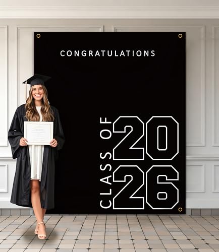 Class of 2026 Graduation Banner 5X6feet - Large CONGRATS GRAD Polyester Banner Photo Backdrop & Wall Decor for Commencement Party Supplies Black and White Graduation Party Decorations for High School & College