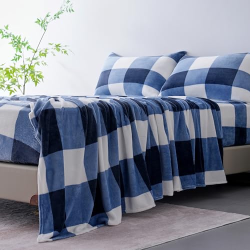 Parure de lit 4 pièces bleu marine draps chauds micro polaire doux