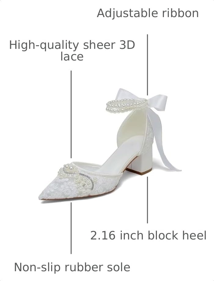 Image of Block Heel Wedding Shoes for Bride Pointed Toe Lace Pearl Bridal Heels