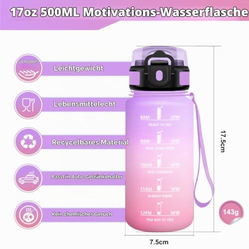 KollyKolla Trinkflasche 500ml, Sportflasche, Auslaufsicher, Trinkflasche mit Strohhalm, Wasserflasche mit Zeitmarkierung für Fitness… – Ansicht 5