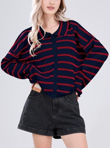 Image of chouyatou Women's Button Down Striped Cardigan Sweater Polo Collar Open Front Knit Jacket 2024 Fall Outfits