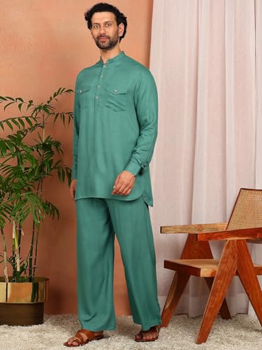 Image of See Designs Men's Full Sleeve Mandarin Collar Viscose Rayon Solid Pathani Set