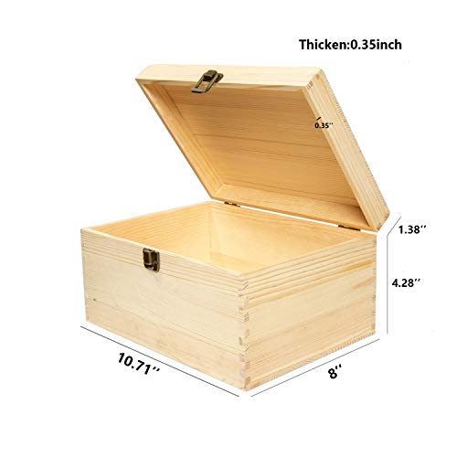 Rocinha Unfinished Wooden Box Pine Wood Box Craft Stash Boxes with Hinged Lid and Front Clasp for Arts Hobbies and Home Storage-10.71x8x5.66 Inches