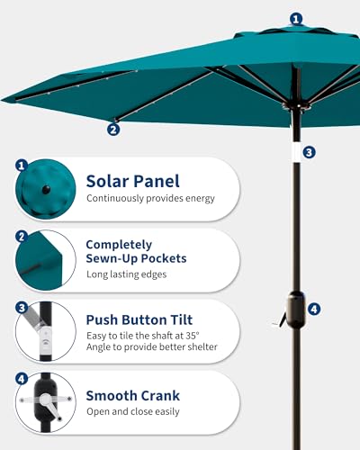 9 Ft Patio Umbrella with Solar Lights, 8 Ribs Outdoor Market Table Umbrella with 32 LED Lights & Tilt Crank for Pool, Deck, Backyard, Turquoise Blue