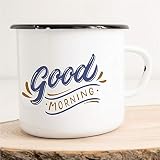 HUURAA! Emaille Tasse Good Morning Guten Morgen Geschenk Idee für Frauen und Männer 300ml Retro Vintage Kaffee-Becher Weiß mit Spruch für Freunde und Kollegen