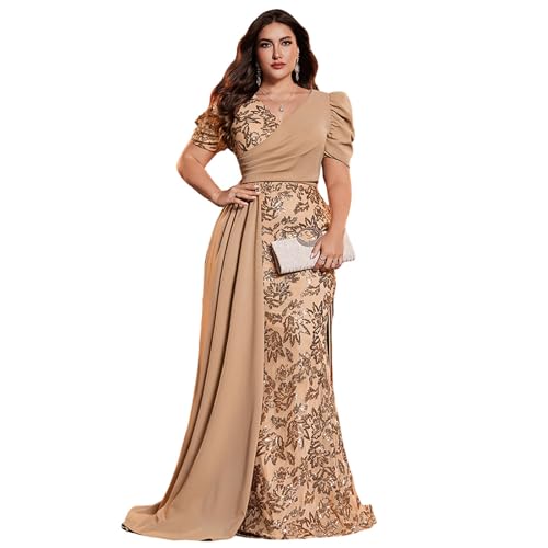 Image of Elegant Women's Formal Dress Wedding Guest Puff Sleeve Mermaid Ball Gowns Court Train Plus Size Sequin Long Dresses