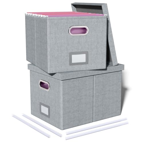 2 Pack File Storage Organizer, Filing Box, Portable File Box with Lid, Fit for Letter/Legal File Folder Storage, Document Organizer, Gray