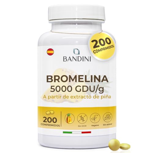 Bandini® Bromelina Fuerte Drenante 5000 GDU/g | 200 comprimidos gastrorresistentes - Enzima Digestiva, Extracto natural de piña - Alta dosis, vegano | Apto para todo tipo de dietas - Sin aditivos