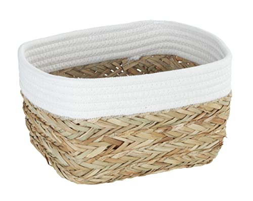WENKO Cesta de almacenamiento Rika M, cesto decorativo para pequeños accesorios, con fibras vegetales naturales y tejido de algodón, 80 % fibra natural y 20 % algodón, 18 x 25 x 15 cm, marrón/blanco