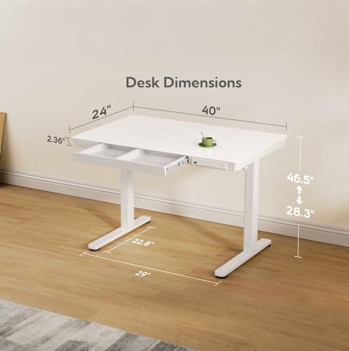 Image of INNOVAR 40 inch Small Glass Standing Desk with Drawers & USB Ports, Whole-Piece Glass Top Adjustable Height Desks, Quick-Install Electric Sit-Stand Up Desk for Home Office & Computer Workstation, White