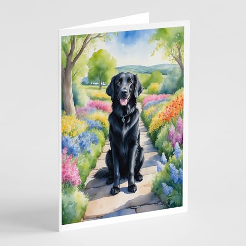 Caroline's Treasures Flat-Coated Retriever Spring Path Greeting Cards Pack of 8 Blank Cards with Envelopes Whimsical A7 Size 5x7 Blank Note Cards