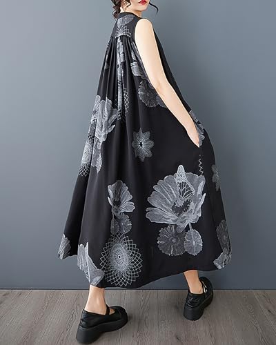 ellazhu Women's Shirt Dress Crewneck Sleeveless Two Side Pockets Patterned Flowy Hem Casual GZ3992
