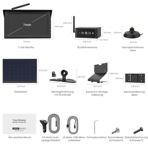 AUTO-VOX Solar Rückfahrkamera Kabellos Set mit IR Nachtsicht, 7' 1080P Funk Digital...